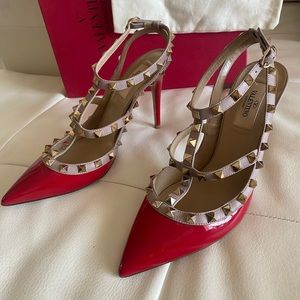 Valentino Red/Beige Patent and Leather Rockstud Ankle